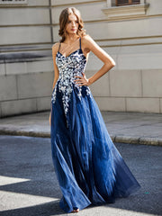 Maxi Robe Appliquée en Dentelle à Col en Cœur Bleu Marine