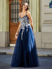 Maxi Robe Appliquée en Dentelle à Col en Cœur Bleu Marine Grande Taille