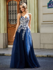 Maxi Robe Appliquée en Dentelle à Col en Cœur Bleu Marine Grande Taille