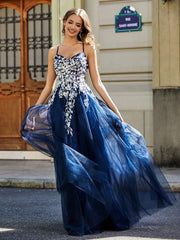 Maxi Robe Appliquée en Dentelle à Col en Cœur Bleu Marine Grande Taille