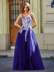 Maxi Robe Appliquée en Dentelle à Col en Cœur Bleu Royale Grande Taille
