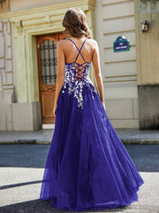 Maxi Robe Appliquée en Dentelle à Col en Cœur Bleu Royale