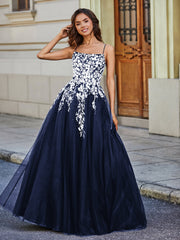 Robe en Tulle Dentelle Appliquée à Encolure Carrée Bleu Marine