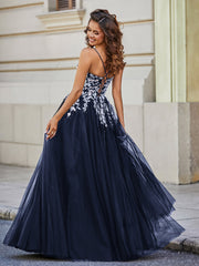 Robe en Tulle Dentelle Appliquée à Encolure Carrée Bleu Marine