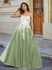 Robe en Tulle Dentelle Appliquée à Encolure Carrée Sauge Poudrée
