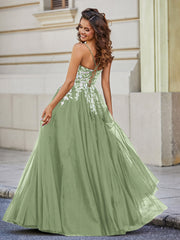 Robe en Tulle Dentelle Appliquée à Encolure Carrée Sauge Poudrée