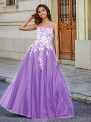 Robe en Tulle Dentelle Appliquée à Encolure Carrée Lilas Grande Taille