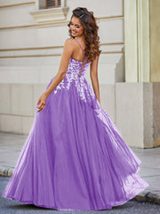 Robe en Tulle Dentelle Appliquée à Encolure Carrée Lilas Grande Taille