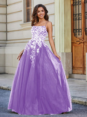 Robe en Tulle Dentelle Appliquée à Encolure Carrée Lilas