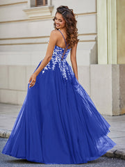 Robe en Tulle Dentelle Appliquée à Encolure Carrée Bleu Royale