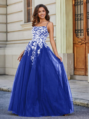 Robe en Tulle Dentelle Appliquée à Encolure Carrée Bleu Royale Grande Taille