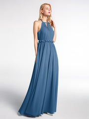 Robe Longue Maxi en Mousseline Décolleté en Trou de Serrure de Dos Ouvert Bleu Encre