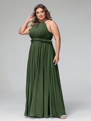 Robe Longue Maxi en Mousseline Décolleté en Trou de Serrure de Dos Ouvert Olive Verte Grande Taille