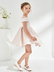 Robe de Fille à Col en Scoop et Hors de l'Épaule Longueur aux Genoux Pétale Rose