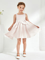 Robe de Fille Plissée à Col Carré Longueur aux Genoux avec Nœud Pétale Rose
