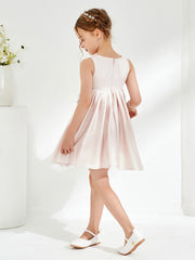 Robe de Fille Plissée à Col Carré Longueur aux Genoux avec Nœud Pétale Rose