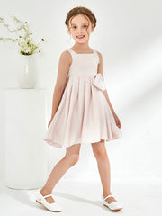 Robe de Fille Plissée à Col Carré Longueur aux Genoux avec Nœud Pétale Rose
