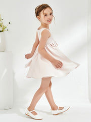 Robe de Fille Plissée à Col Carré Longueur aux Genoux avec Nœud Pétale Rose