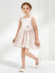 Robe de Fille Plissée à Col Carré Longueur aux Genoux avec Nœud Pétale Rose