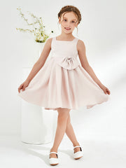 Robe de Fille Plissée à Col Carré Longueur aux Genoux avec Nœud Pétale Rose