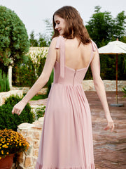 Robe Longueur au Sol en Mousseline à Encolure Carrée Rose Poudré