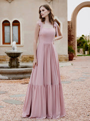 Robe Longueur au Sol en Mousseline à Encolure Carrée Rose Poudré