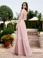 Robe Longueur au Sol en Mousseline à Encolure Carrée Rose Poudré