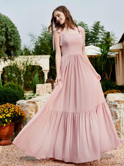 Robe Longueur au Sol en Mousseline à Encolure Carrée Rose Poudré