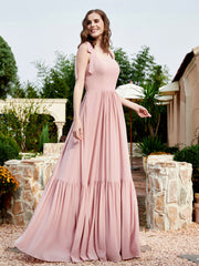 Robe Longueur au Sol en Mousseline à Encolure Carrée Rose Poudré