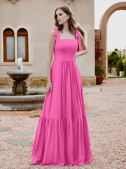 Robe Longueur au Sol en Mousseline à Encolure Carrée Azalée