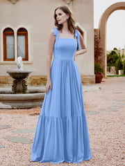 Robe Longueur au Sol en Mousseline à Encolure Carrée Bleu