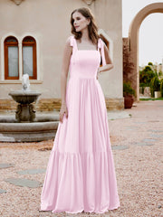 Robe Longueur au Sol en Mousseline à Encolure Carrée Rose Pâle Grande Taille