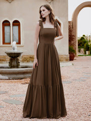 Robe Longueur au Sol en Mousseline à Encolure Carrée Brun Grande Taille