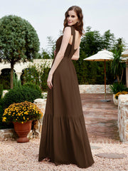 Robe Longueur au Sol en Mousseline à Encolure Carrée Brun