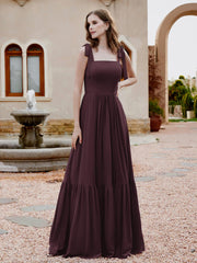 Robe Longueur au Sol en Mousseline à Encolure Carrée Cabernet