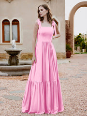 Robe Longueur au Sol en Mousseline à Encolure Carrée Rose Bonbon Grande Taille
