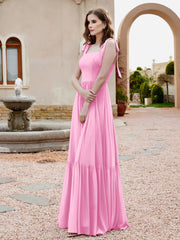 Robe Longueur au Sol en Mousseline à Encolure Carrée Rose Bonbon Grande Taille