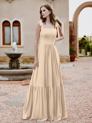 Robe Longueur au Sol en Mousseline à Encolure Carrée Champagne