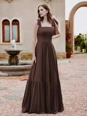 Robe Longueur au Sol en Mousseline à Encolure Carrée Chocolat