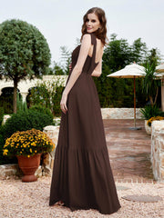 Robe Longueur au Sol en Mousseline à Encolure Carrée Chocolat Grande Taille