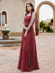 Robe Longueur au Sol en Mousseline à Encolure Carrée Cannelle Rose Grande Taille