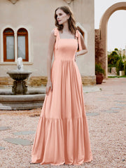 Robe Longueur au Sol en Mousseline à Encolure Carrée Corail