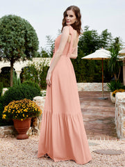 Robe Longueur au Sol en Mousseline à Encolure Carrée Corail