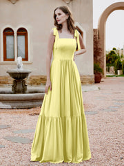 Robe Longueur au Sol en Mousseline à Encolure Carrée Jonquille