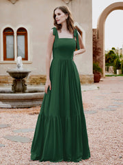 Robe Longueur au Sol en Mousseline à Encolure Carrée Vert Foncé