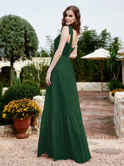 Robe Longueur au Sol en Mousseline à Encolure Carrée Vert Foncé