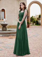 Robe Longueur au Sol en Mousseline à Encolure Carrée Vert Foncé