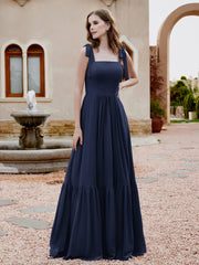 Robe Longueur au Sol en Mousseline à Encolure Carrée Bleu Marine