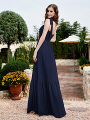 Robe Longueur au Sol en Mousseline à Encolure Carrée Bleu Marine