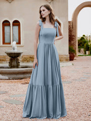 Robe Longueur au Sol en Mousseline à Encolure Carrée Bleu Poudré Grande Taille